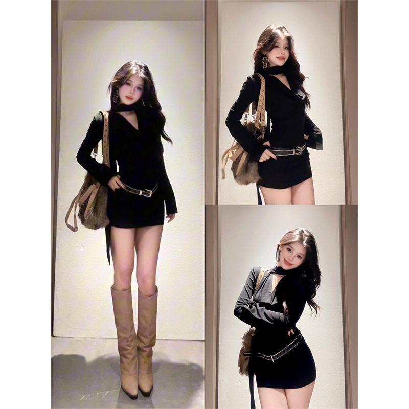 American Sexy Spice Girl Black Swinging Neck Long Sleeve Dress Women's Spring New Slim and Skinny Fashion Hip Wrap Short Dress