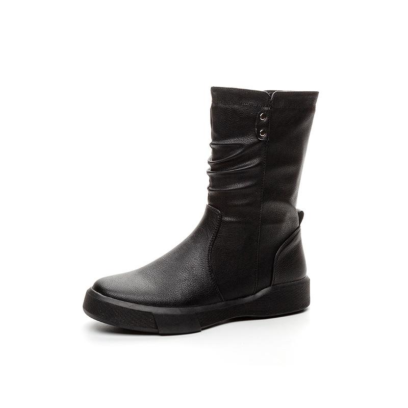 Autumn and winter large size British style retro medium boots autumn and winter new flat bottom velvet fashion Martin boots women