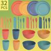 Set da Tavola Portatile da Esterno da 32 Pezzi in Plastica con Ciotole, Piatti, Bicchieri, Coltelli, Forchette e Cucchiai in Paglia di Grano
