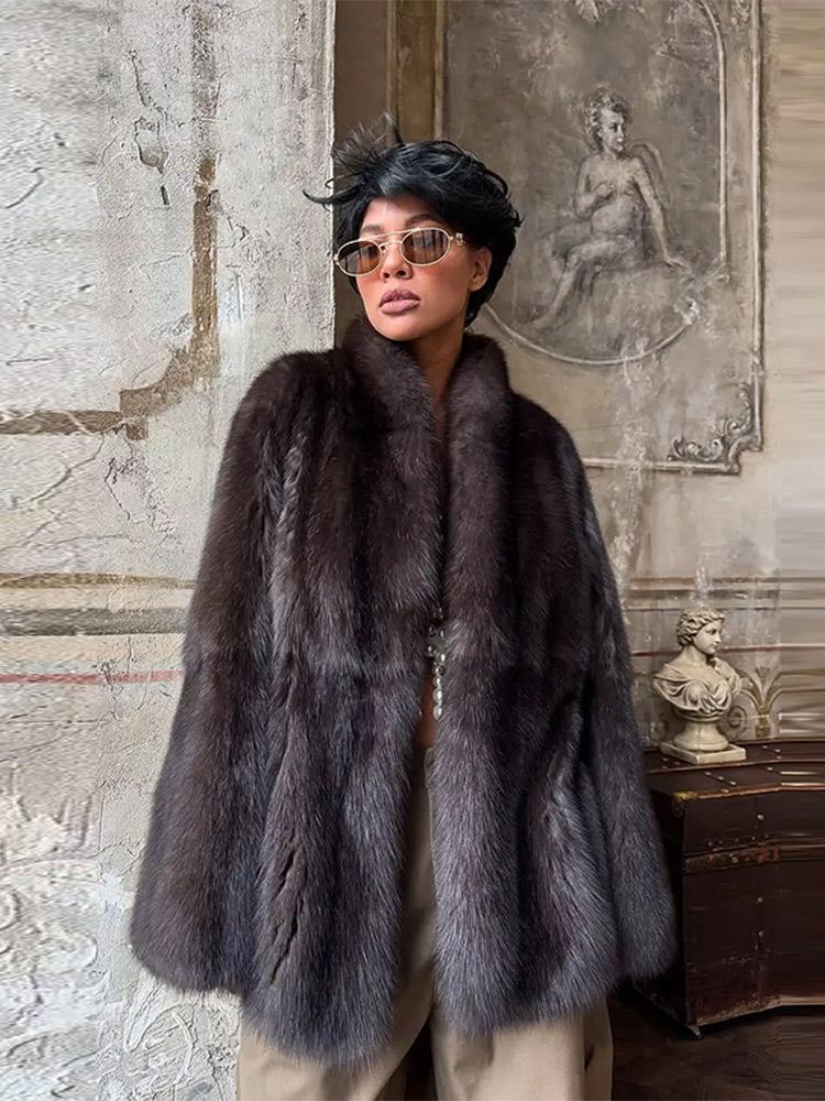 Women's Medium To Long Faux Fur Jacket Women's Collar Warm Fur Coat Brown 2025 New Collection