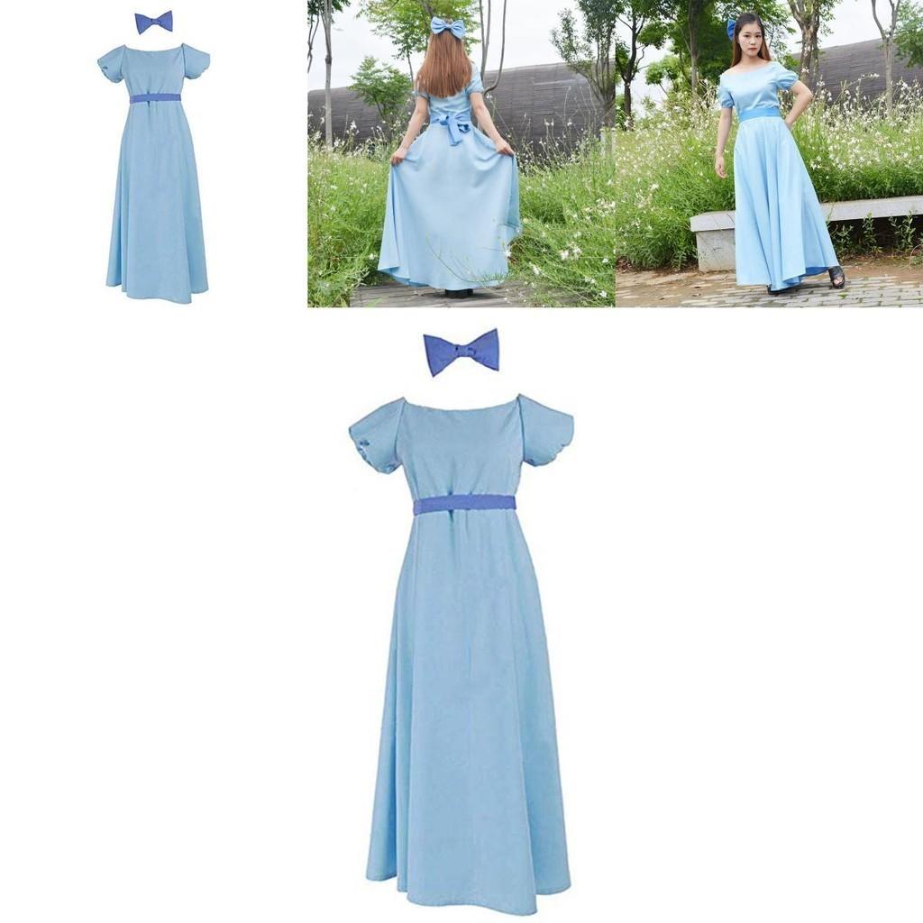 Enchanting Fairytale Peter Pan Wendy Darling Blue Dress With Bow And Headwear