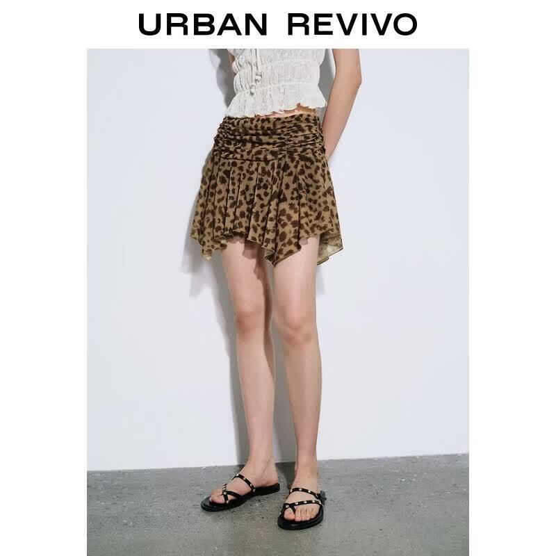 UR 2026 Autumn Leopard Print Pleated Irregular Mini Skirt S