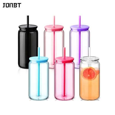 6 Stück durchsichtige Kunststoff-Becher mit Strohhalm und farbigem Deckel, wiederverwendbare Wasserflaschen, bruchsichere Einmachglas-Becher für Weihnachtsgeschenke