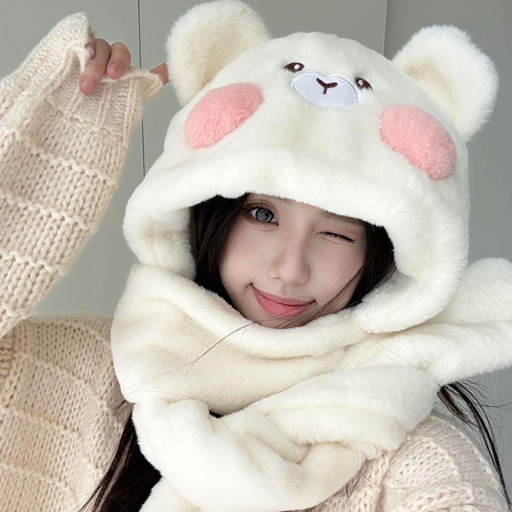 Warm Plush Bear Hat Gloves Cute Blusher Bear Scarf Fashion   Outdoor