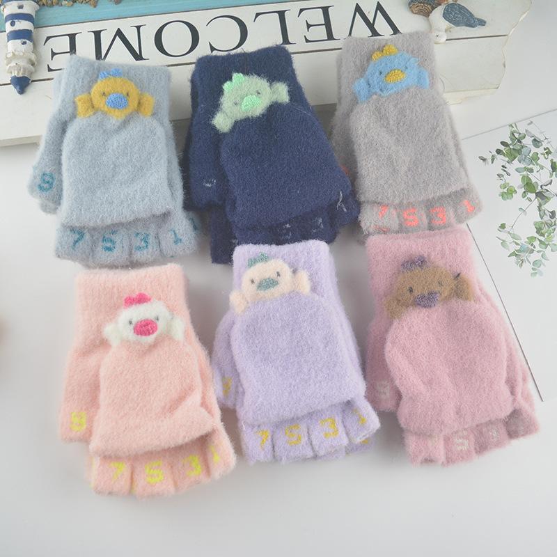 New Winter Children's Gloves Half-finger Flip Knitted Warm Woolen Cartoon Cute Wool Student Gloves