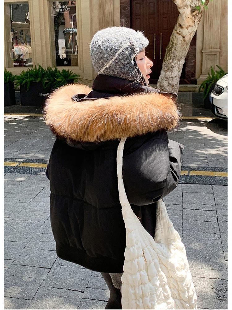 Dámská krátká bunda s velkou kožešinovou kapucí, větruodolná, zateplená, teplá zimní bunda s raglánovými rukávy
