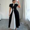 Women Stand Collar Short Sleeve Midi Dress Contrast Color Chinese Style Dress