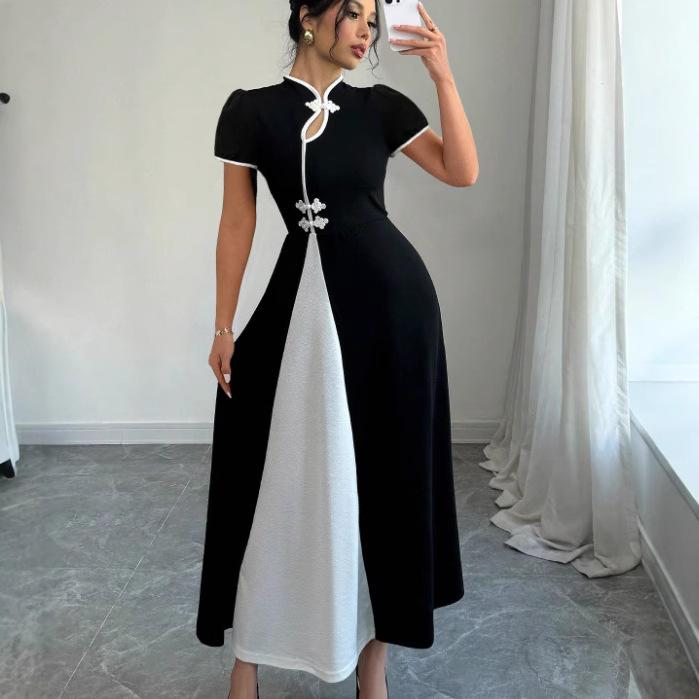 Women Stand Collar Short Sleeve Midi Dress Contrast Color Chinese Style Dress
