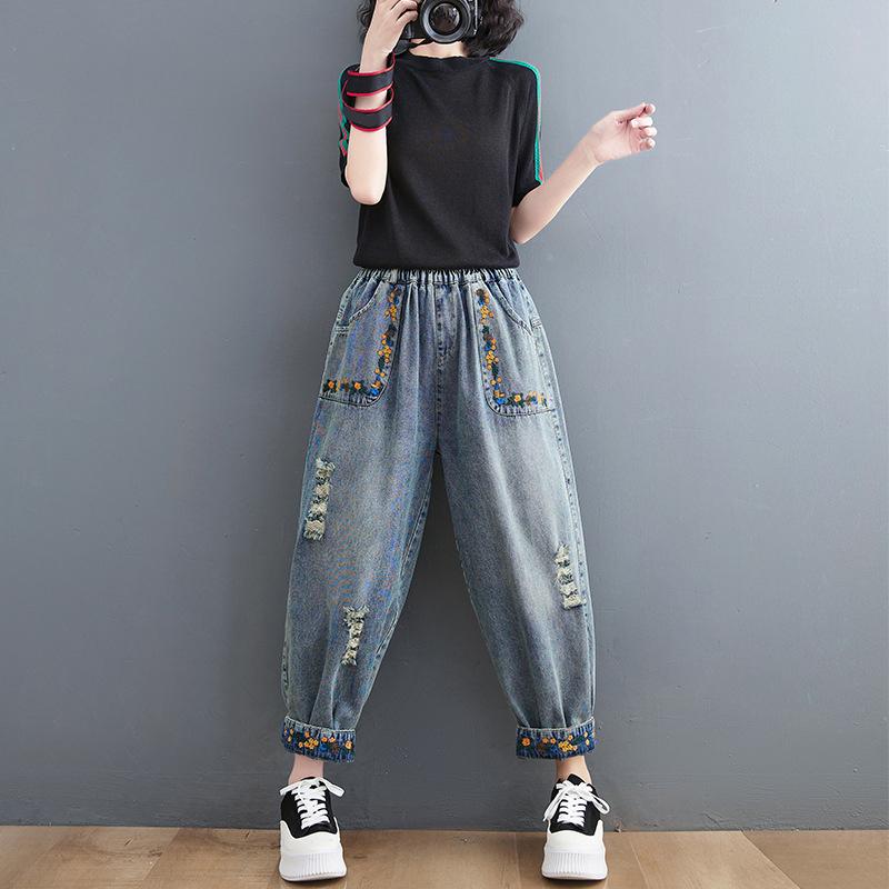 High Waist Jeans Damen Frühling Vintage Streetwear Blumenstickerei Basics Weibliche Denim Haremshose