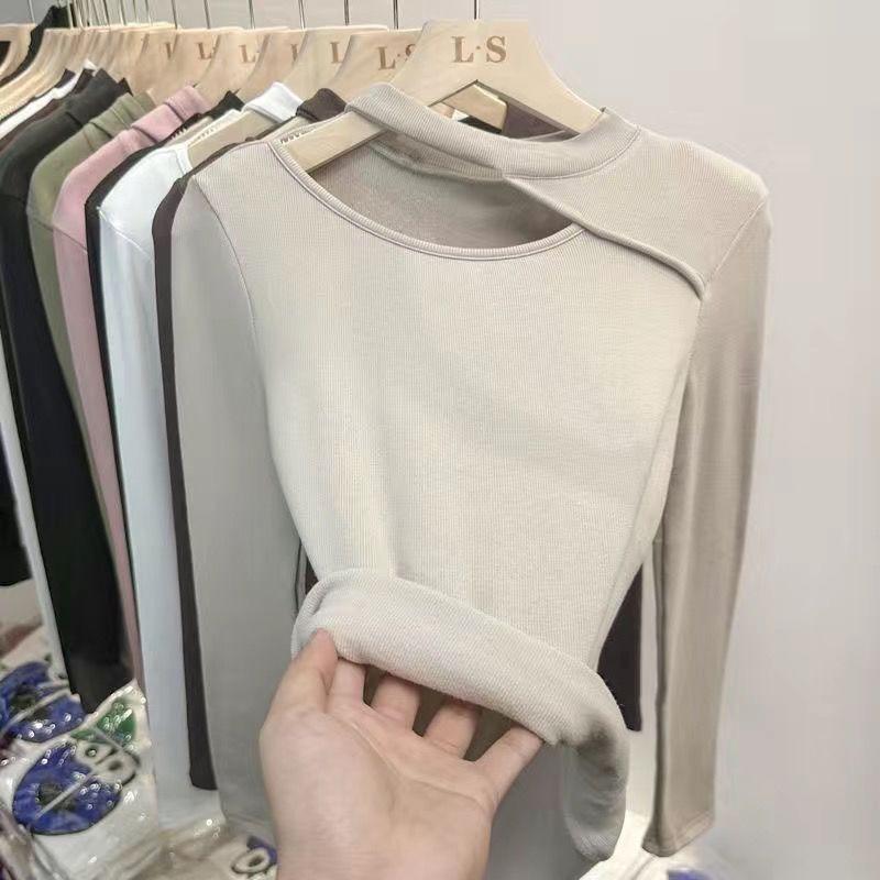 Autumn and Winter Hollow Thin Velvet Bottoming Shirt Women's Long-sleeved T-shirt Slim Fit Versatile Top