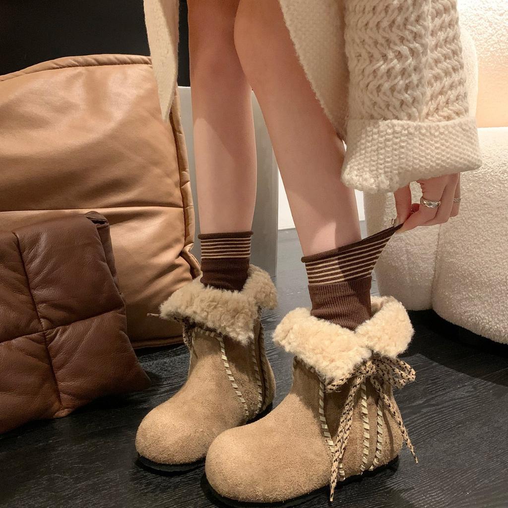 Autumn and Winter New Leather Retro Round Head Inner Strap Versatile Stacked Short Boots Women's Western Boots Martin Boots