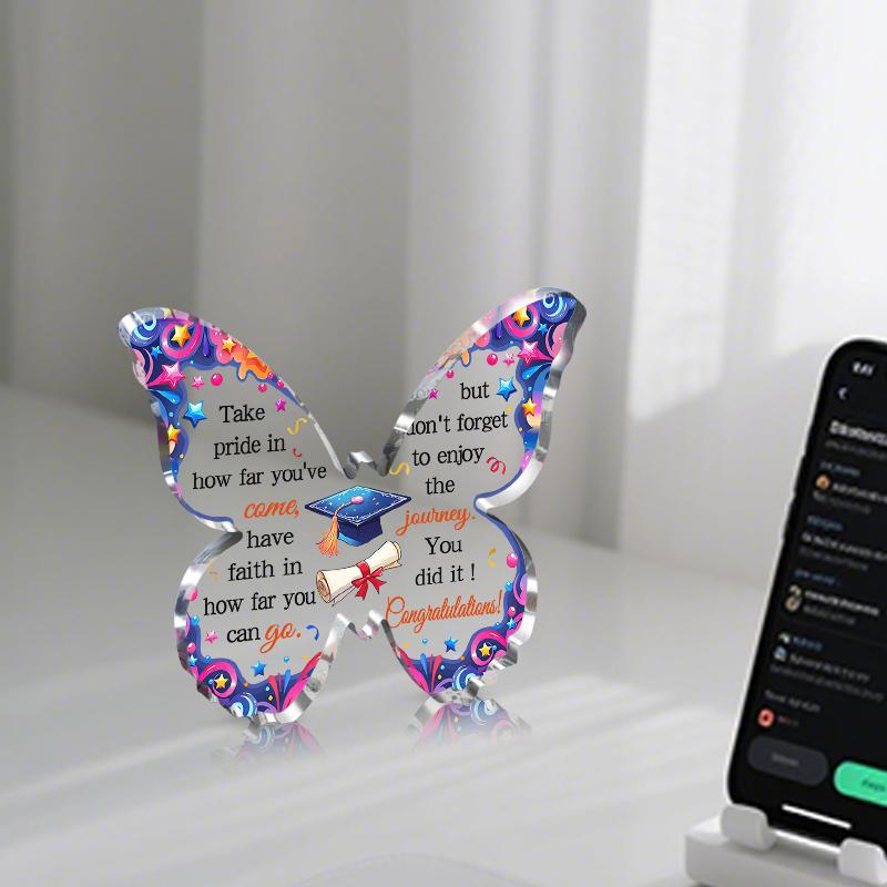 2D Flat, Butterfly-Shaped Graduation Acrylic Desktop Decoration Plaque, Cap & Diploma Design, Suitable for wall Decoration, porch, Room, Villa, accent