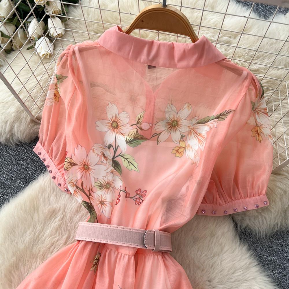 Elegant Short-Sleeve Floral Embroidered Dress for Women Vintage Turn Down Collar Belt Slim A-line Long Maxi Dress