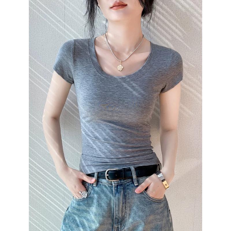 U-neck cotton short-sleeved T-shirt women's summer new solid color slim-fitting and thin shoulder low-neck top