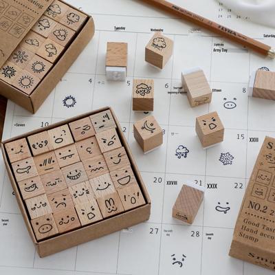 Fun Weather Emoji Wooden Journal Stamp Set - Cute Beech Wood Doodle Expressions