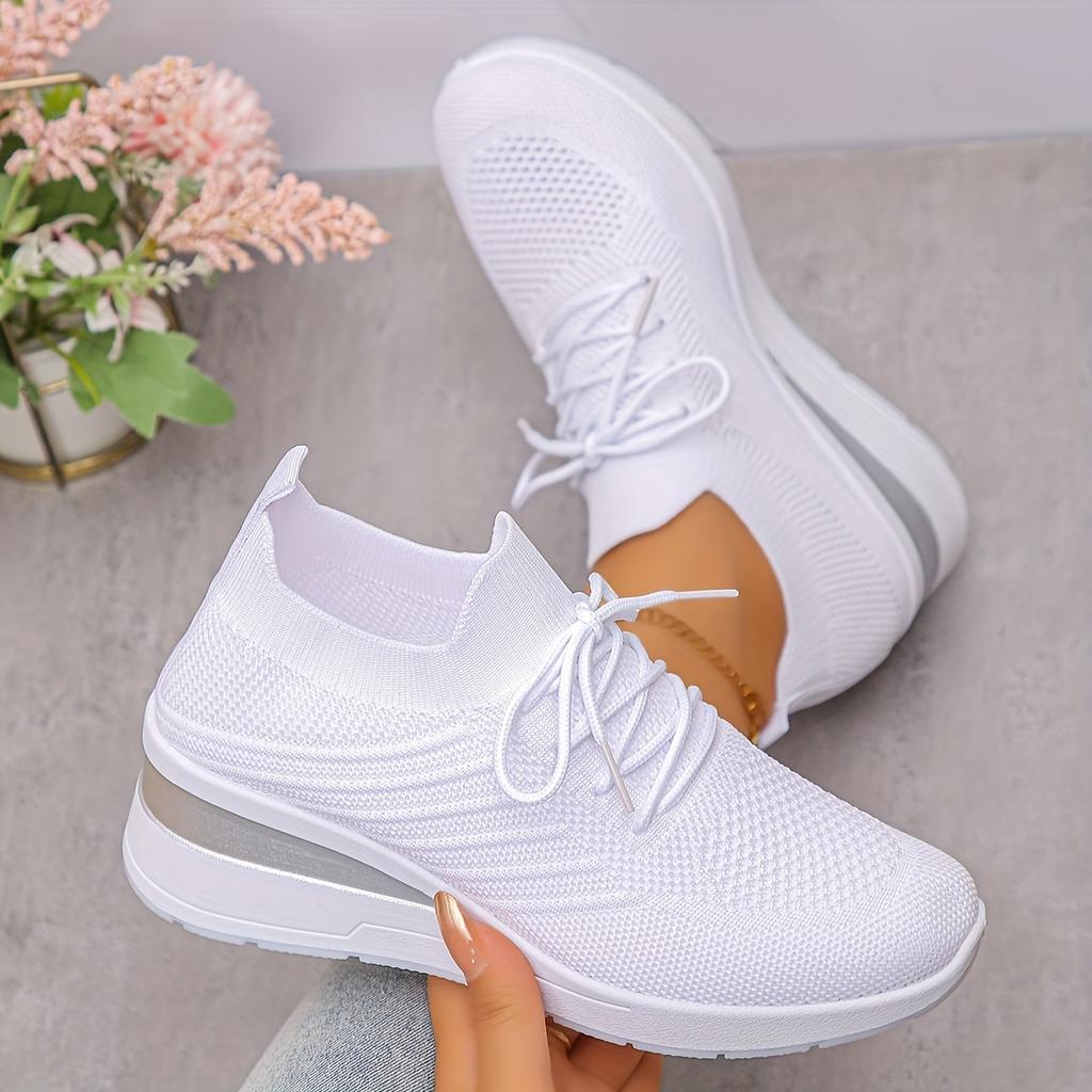Pair of Women'S Low-Top Sneakers - Breathable Knit Fabric Upper, White & Gray Accents, Lace-Up Casual Shoes with Cushioned PVC Sole for All-Season