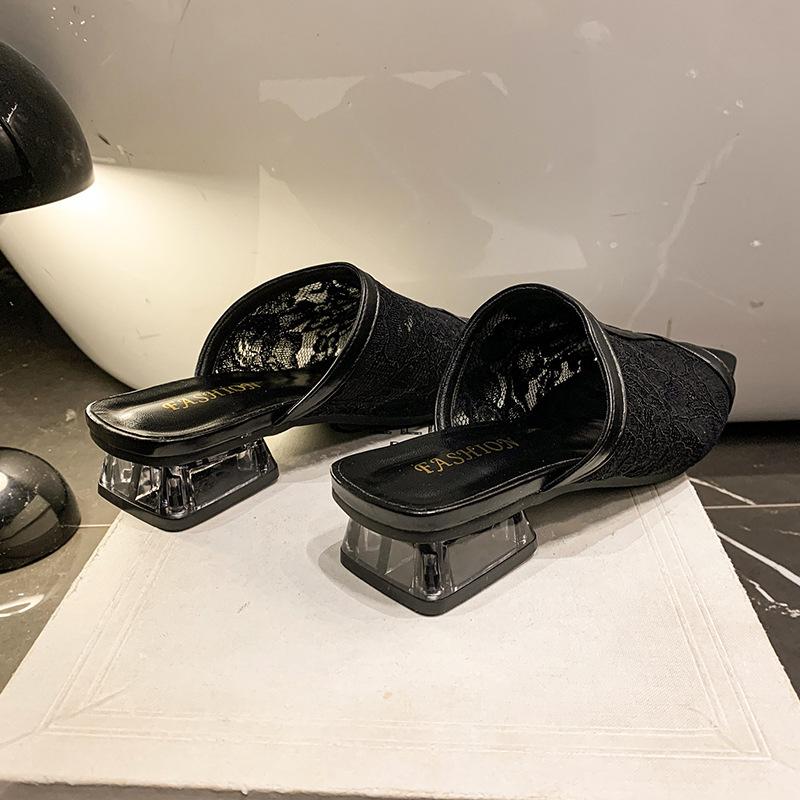 

Fashion sandals bag head half slippers women s summer thick heel Korean version sandals lace mesh beach shoes 40 чёрный