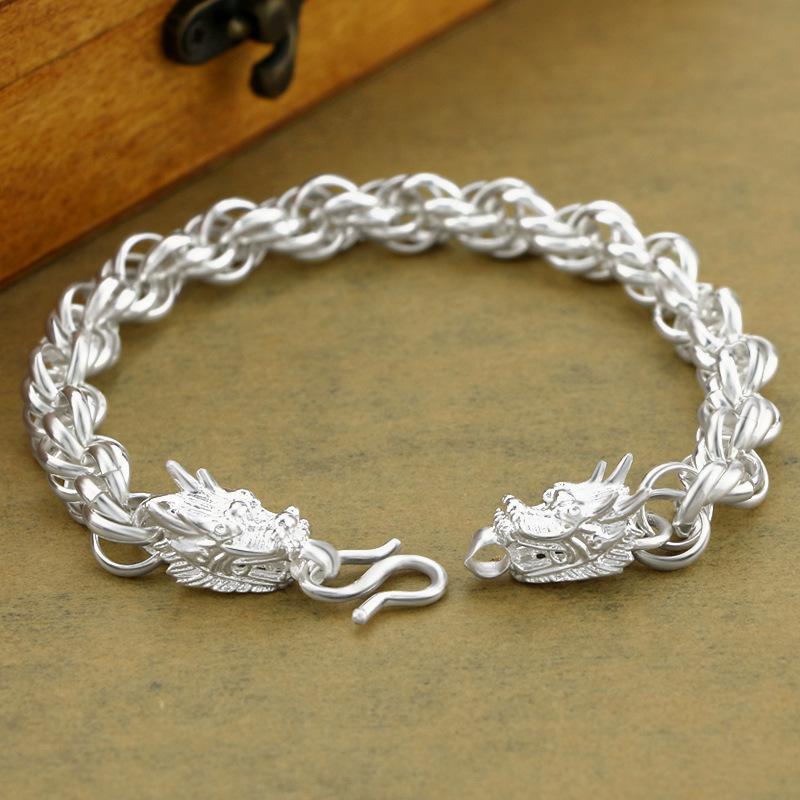 

Мужской браслет ручной работы с матовой и полированной головой дракона из серебра с медным покрытием в стиле ретро