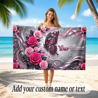 Floral Garden Theme Quick Dry Beach Towel Custom Name Text Print Large Sand Resistant Towel Beach Vacation