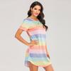 Plus Size Women's Summer Short Sleeved Rainbow Striped Loose Pajama Dress