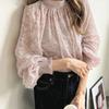 Fall Standing Collar Plus Size Loose Work Clothing Bubble Long Sleeve Chiffon Shirt Lace Tops Sun Protection Clothing Air Conditioning Shirt for Women
