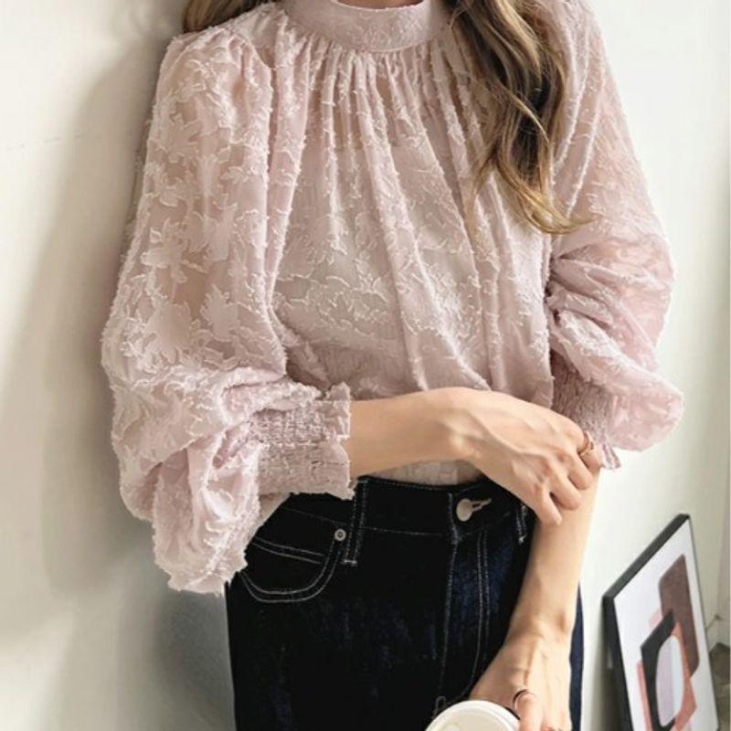 Fall Standing Collar Plus Size Loose Work Clothing Bubble Long Sleeve Chiffon Shirt Lace Tops Sun Protection Clothing Air Conditioning Shirt for Women