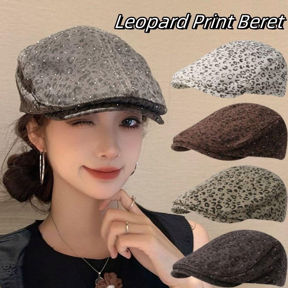 Flat Leopard Print Beret Rhinestone Painter Cap Fashion Forward Hat Spicy Girls