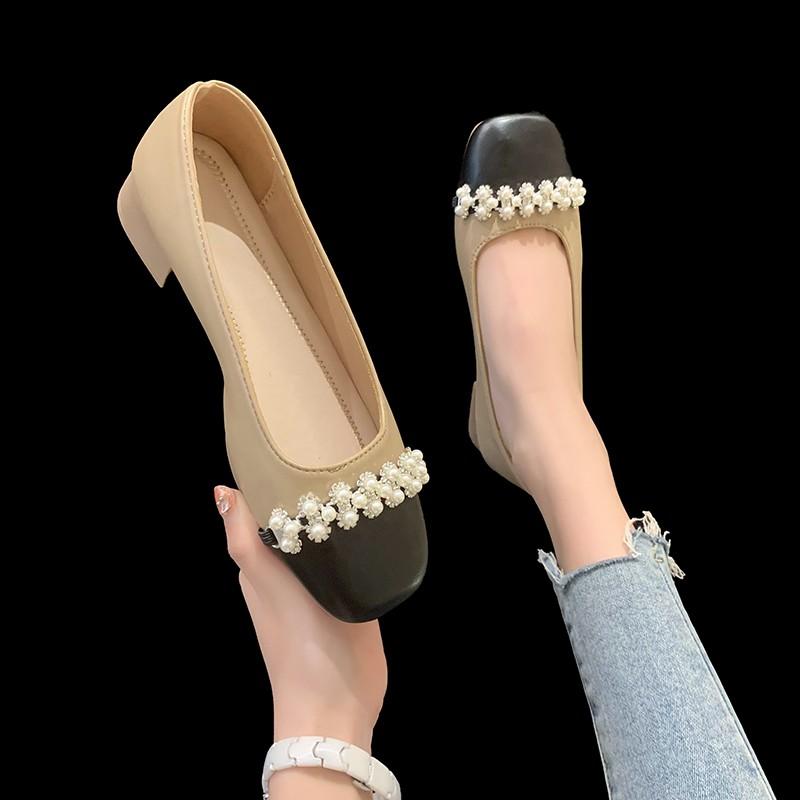 

Модные летние новые туфли женские модные с квадратным носком, с мелким вырезом, с жемчужной вставкой, мягкие, на низком ходу, противоскользящие, износостойкие, повседневные туфли на низком каблуке 35