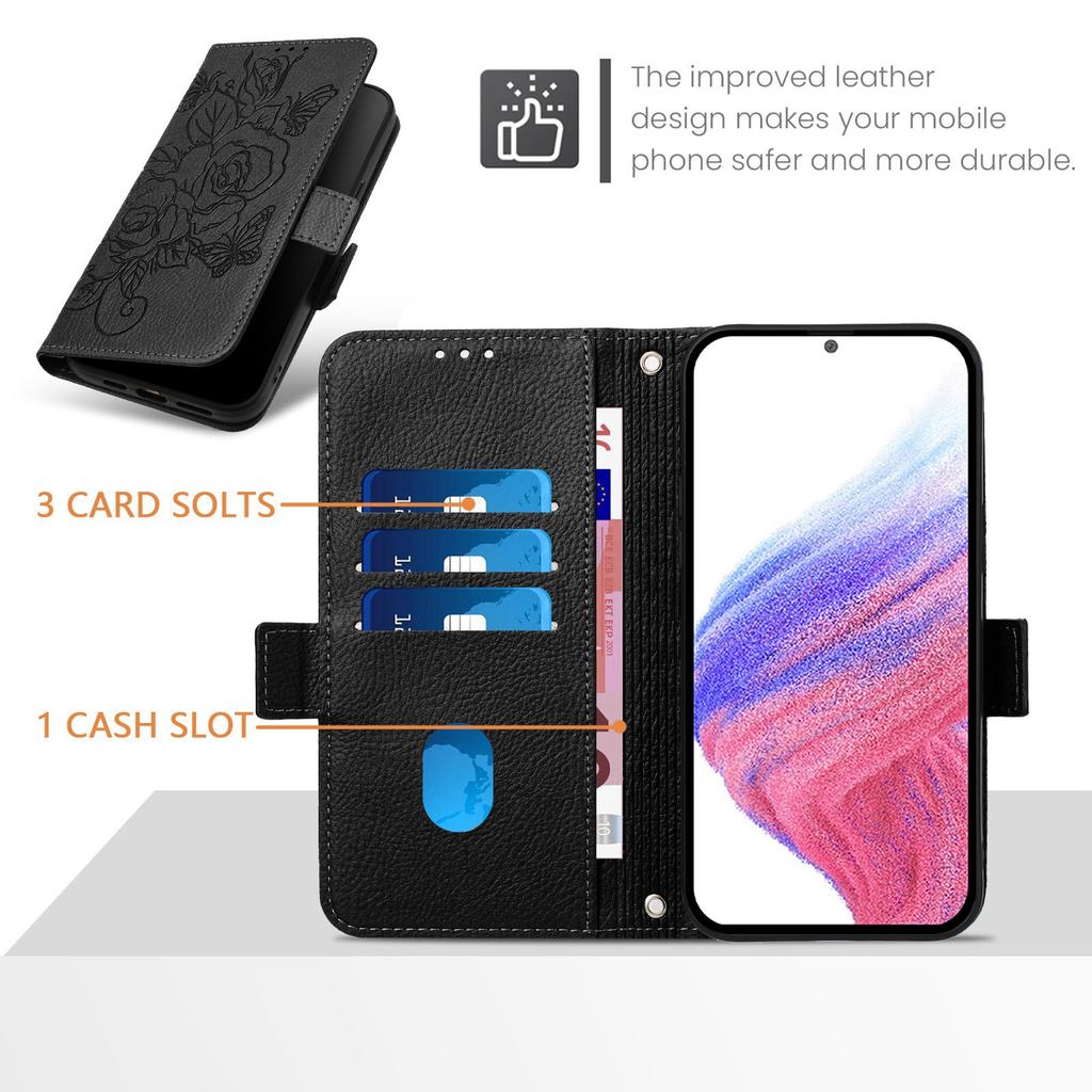For Samsung Galaxy A16 5G/A16 4G Case Rose Imprinted RFID Blocking Leather Phone Cover with Strap