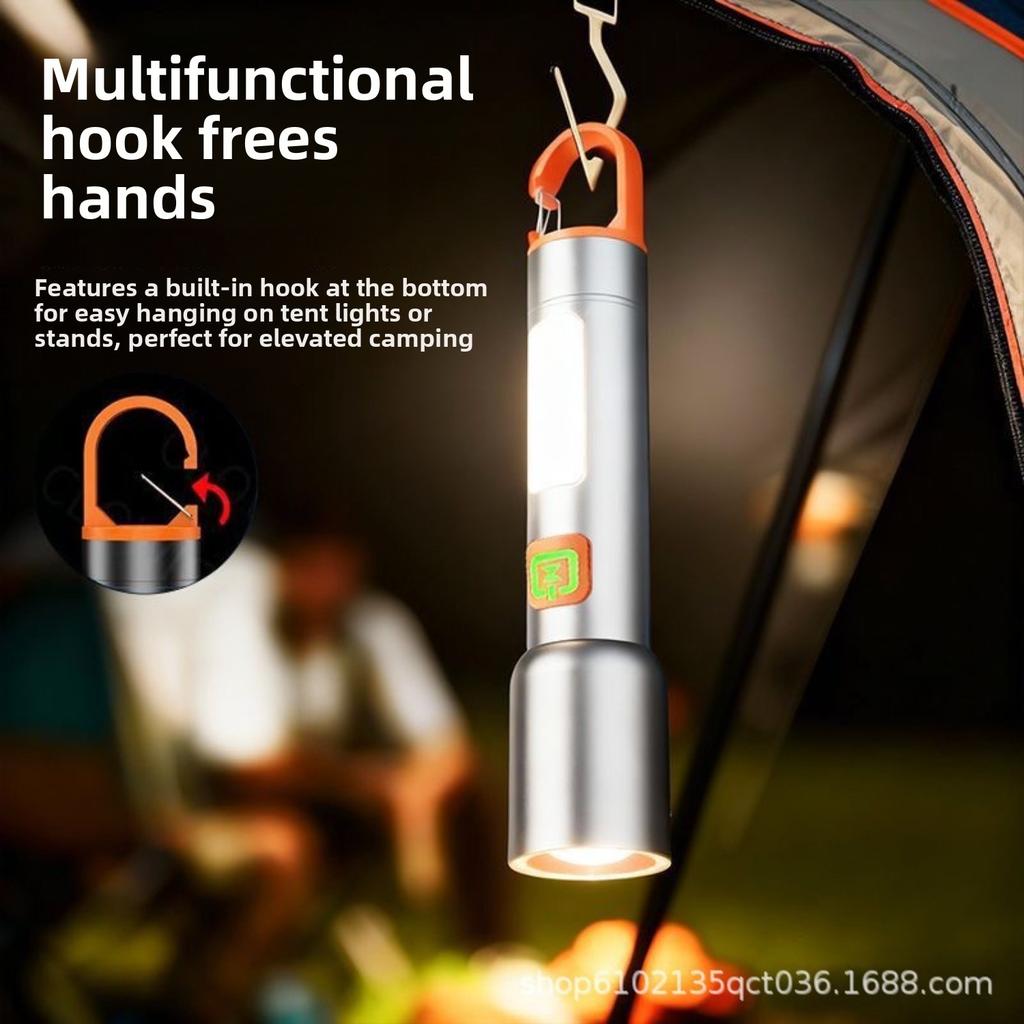 LED Rechargeable Flashlight, Aluminum Alloy Zoomable Torch with Multiple Light Modes, Portable Hook Design Outdoor Emergency Work Light