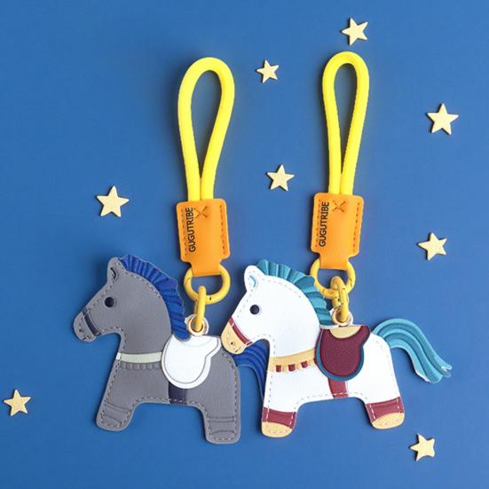 Keychain Pendant Cartoon Horse Shape Key Holder Colorful Faux Leather Access Card Case Bag Lanyard Decorative Keychain Accessory