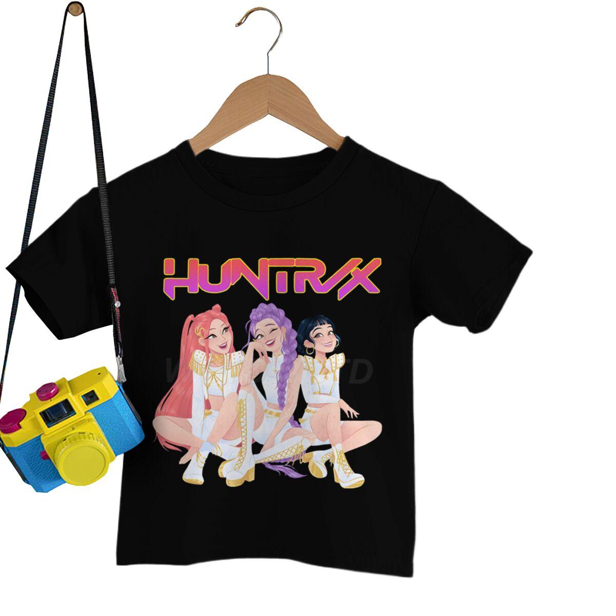 

Милая аниме K-pop футболка Demon Hunters Huntr/x для мальчиков девочек летняя с коротким рукавом повседневные топы футболки с круглым вырезом детская одежда 140