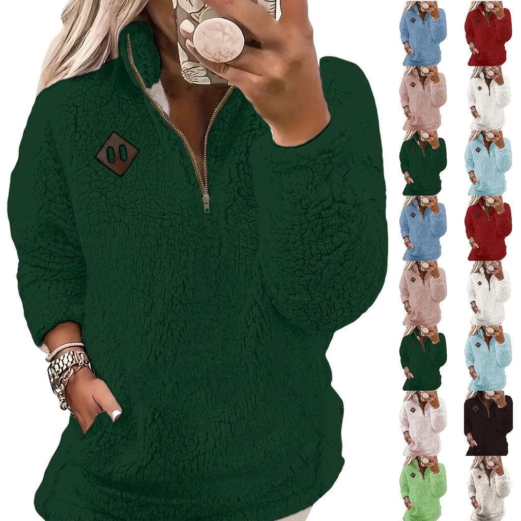 Ladies' Fashionable And Comfortable Half Zipper Solid Color Long Sleeved Casual Top
