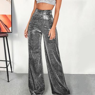 Yousheng Women Wide Leg Trousers with Hot Stamping Design Glossy Long Pants Clubs Performances Zipper Closure Glitter Pants
