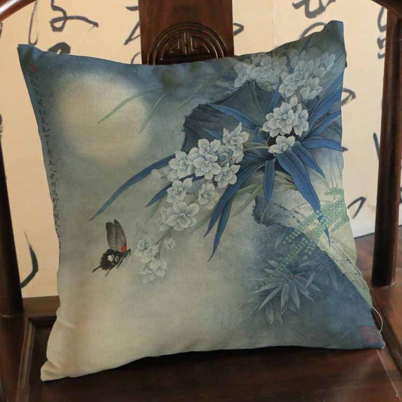 Chinese Style Vintage Ink Painting Flowers Bird Lotus Cotton Linen Decorative Cushion Cover Car Sofa Home Decoration Pillow Case