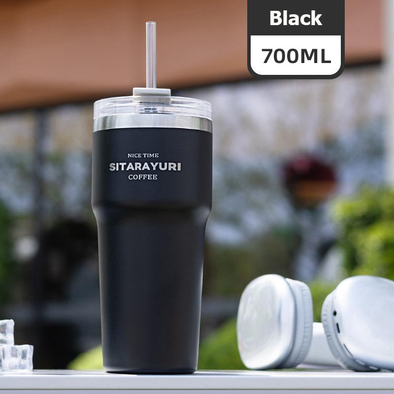 700ML Double Drink Insulation Cup Stainless Steel Straw Thermos Water Bottle Portable Large Outdoor Coffee Thermal Car Ice Mug