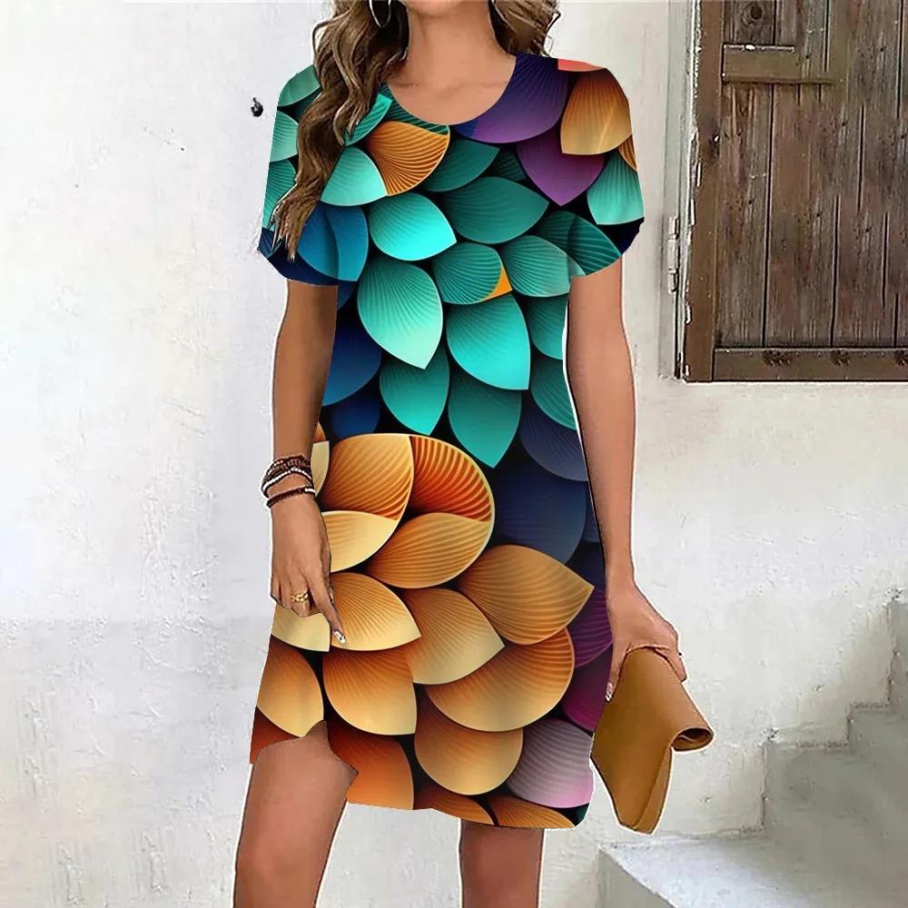 Mode Oversize Kleidung Tie Dye Blätter 3D Druck Damenkleid Sommer Lässig Kurzarm O-Ausschnitt Locker taschenlos Kleider