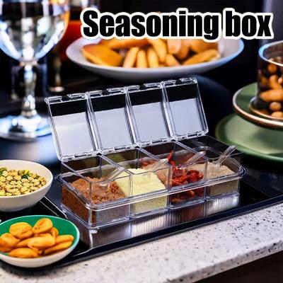 1 Set Four-Grid Kitchen Seasoning Box Set With Spoon Household Salt Sugar Spice Seasoning Tank Storage Box Kitchen Supplies