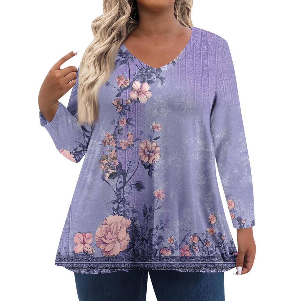 Modisches lässiges Langarm-Oberteil für Damen in Übergröße mit Blumenprint Übergröße Blumenprint-Oberteil