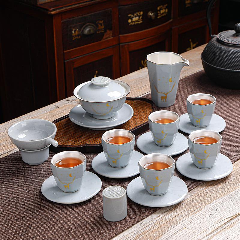 999Pure Silver Tea Set Ceramic Kung Fu Tea Set Tasting Cup Handmade Silver-Plated Tea Bowl Live Streaming Gift