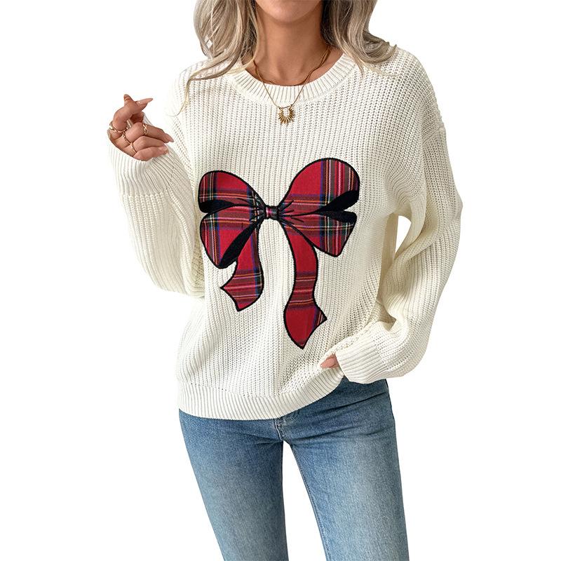 Damen Weihnachts-Pullover Niedlicher Karomuster-Schleifen-Grafik-Pullover 2025 Rundhals Langarm Lässiger Strick-Jumper-Tops