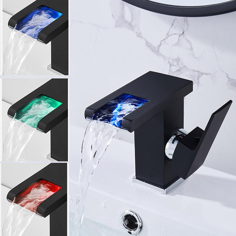Bathroom Basin Faucet Black Gold Brass LED Sink Mixer Tap Hot and Cold Unique Design Basin Lavtory Faucet Brass