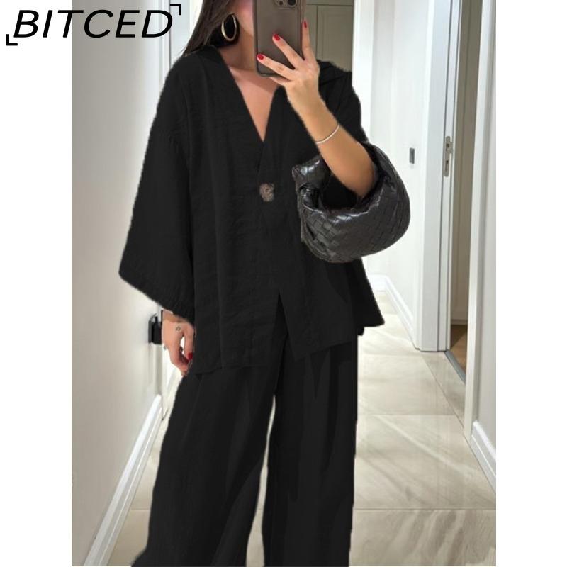 BITCED Women's Fashion Casual Set V-neck Single-Button Loose-Fit Long-Sleeve Top High-Waisted Trousers Two-Piece Set