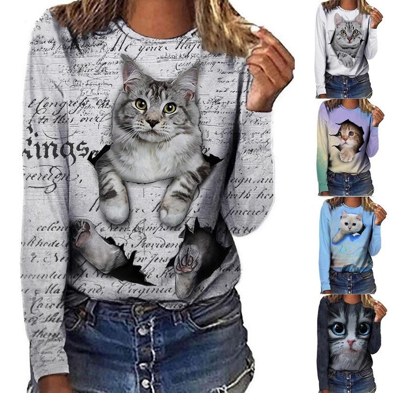 

Autumn Winter Hot Selling Letter Cat Print Round Neck Long Sleeved T-shirt 5xl