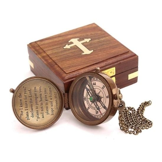 Engraved Brass Compass with Inspirational Quote Handcrafted Gift In Wooden Box