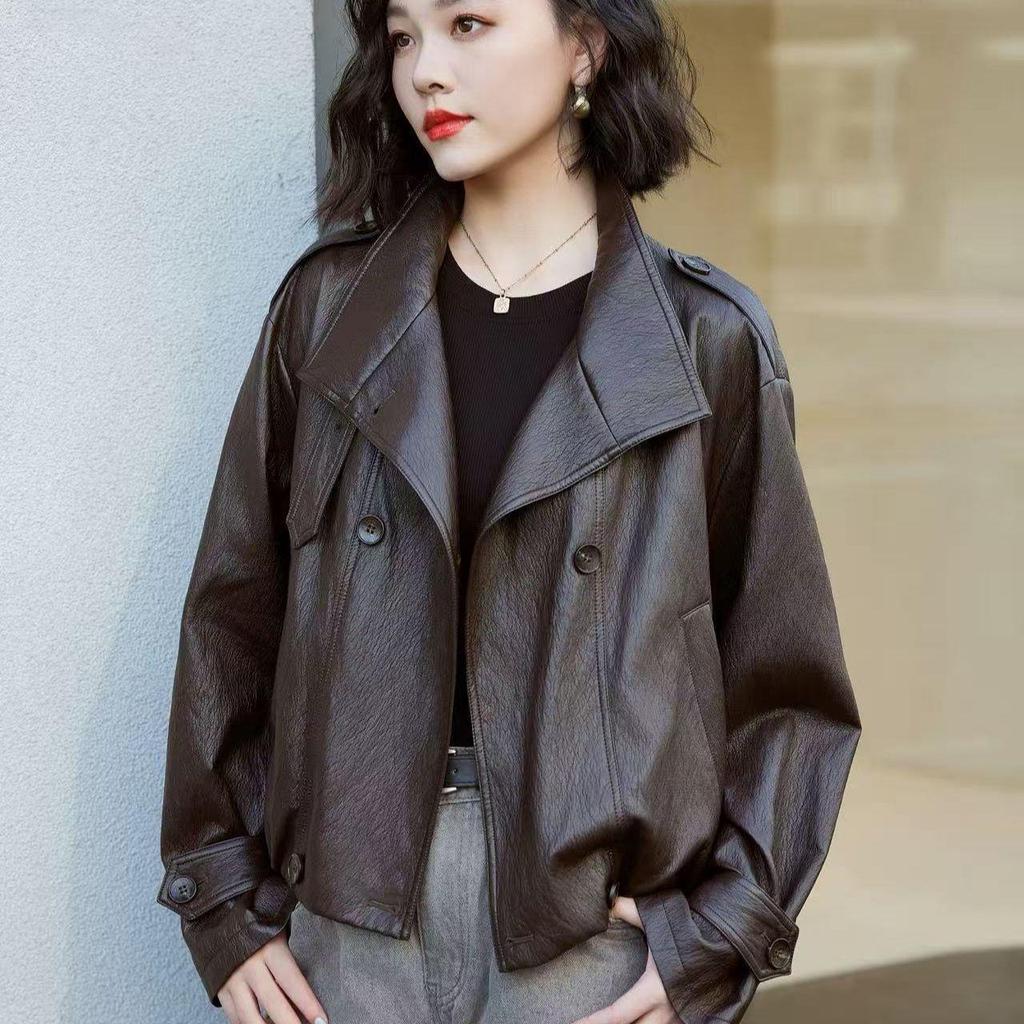 Women's 2025 Autumn American Style Stand Collar Leather Motorcycle Jacket