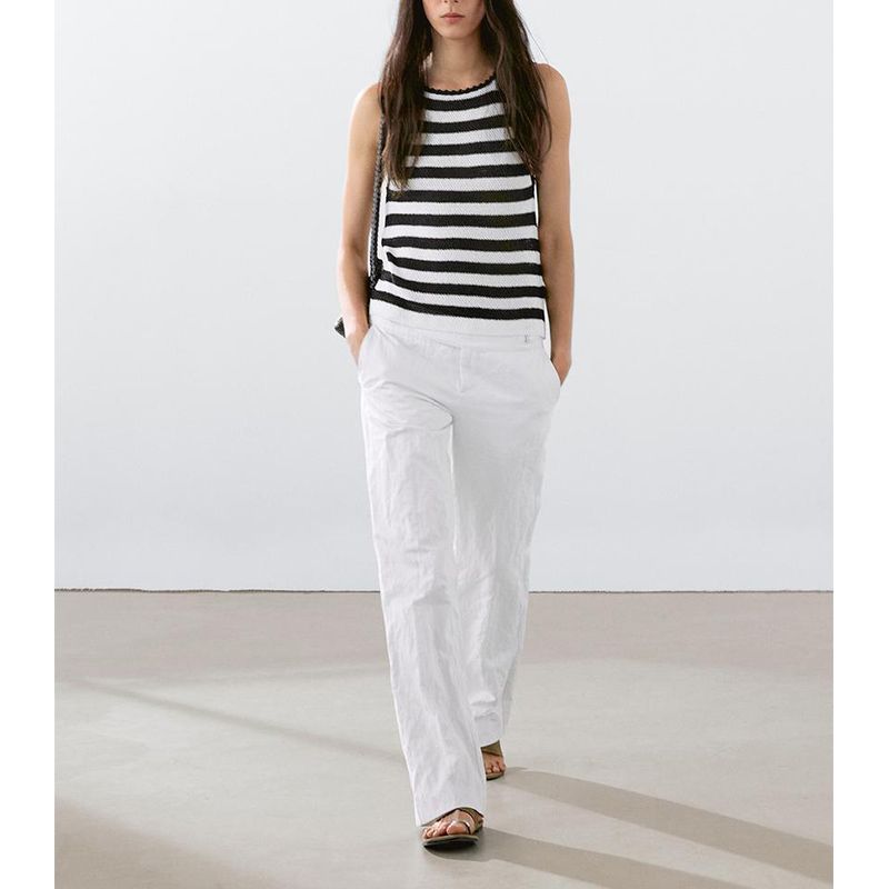 MD Summer Women Clothes Navigation Series Black and White Stripe Lace Knitted I-Shaped Vest Sleeveless T-shirt Top 6811701