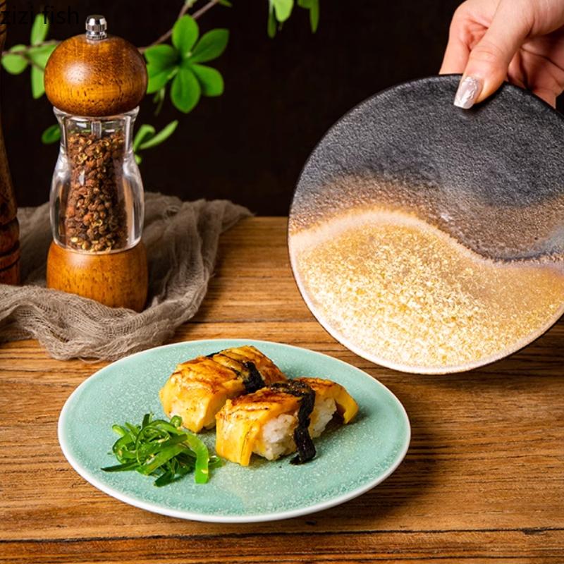 High Footed Ceramic Flat Plate Dining Plates Sushi Plate Dim Sum Dish Sushi Plates Cake Tray Dessert Bowl Fruit Bowl Sting Disc