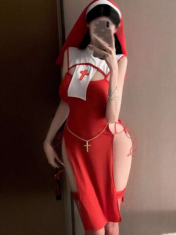 Sexy Summer High Slit Cheongsam Nun Dress Role-playing Uniform Dress Elegant Tank Mini Dress Sweet SM Exotic Women Dress 3XPC