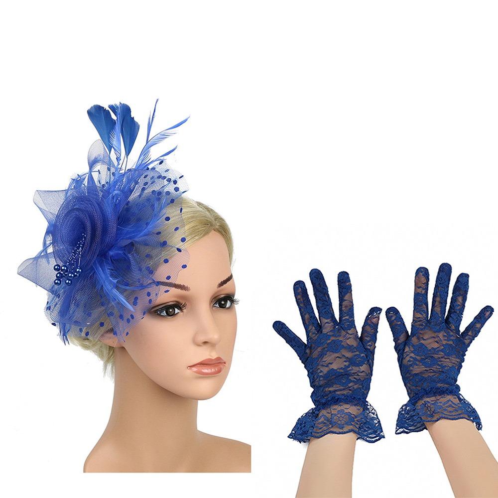 Wedding Fascinator Hat Cocktail Tea Party Headband Feather Headpiece & Gloves Set for Women Girls